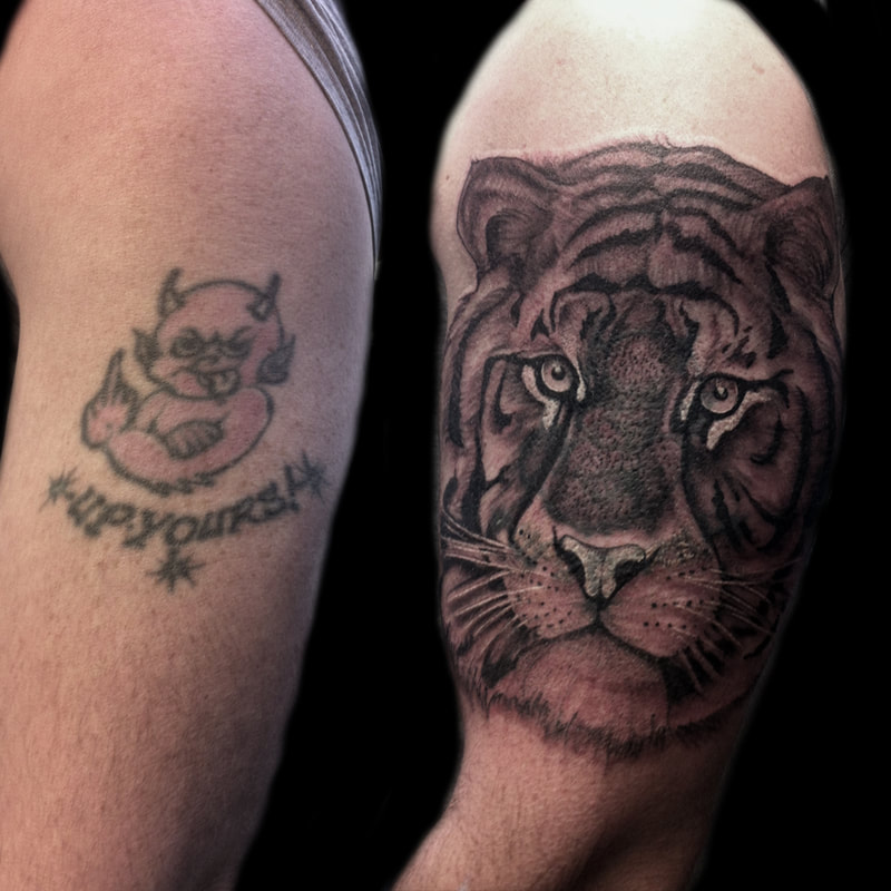before and after tattoo cover up, lion realism art black and grey ink, arm sleeve tat, animal tiger cover up