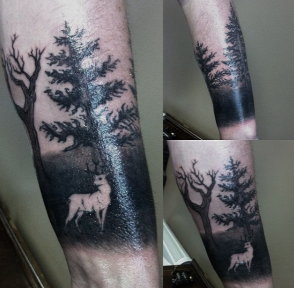shadow forest deer tattoo, silhouette tree deer stag black and grey tattoo, award winning tattoo artists, best Glasgow tattoo artist