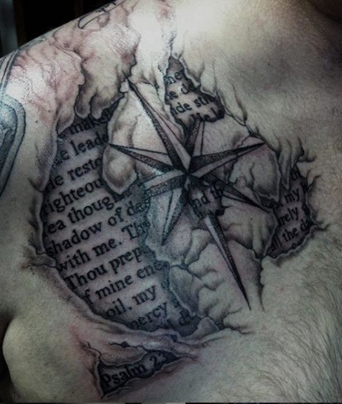 map tattoo compass with script, realism, 3D tattoo under skin on chest