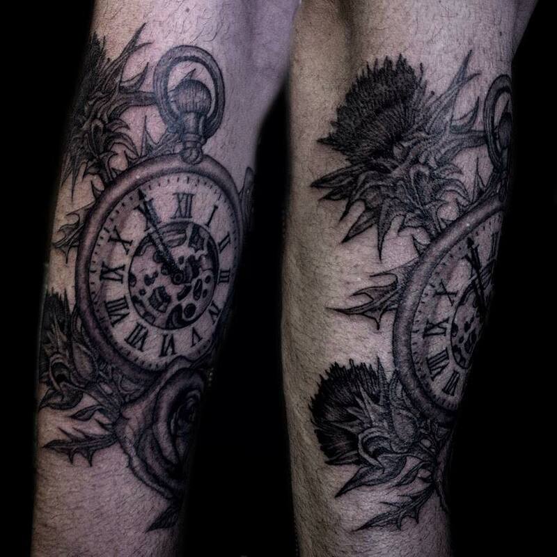 clock stopwatch tattoo, timepiece cog black and grey with thistle foliage Scotland tattoo, Roman numeral tattoo sleeve in clock mechanics gears