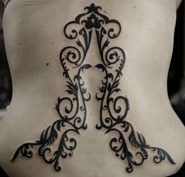 feminine pattern tattoo, black back design art tattoo, tribal floral foliage filigree tattoo