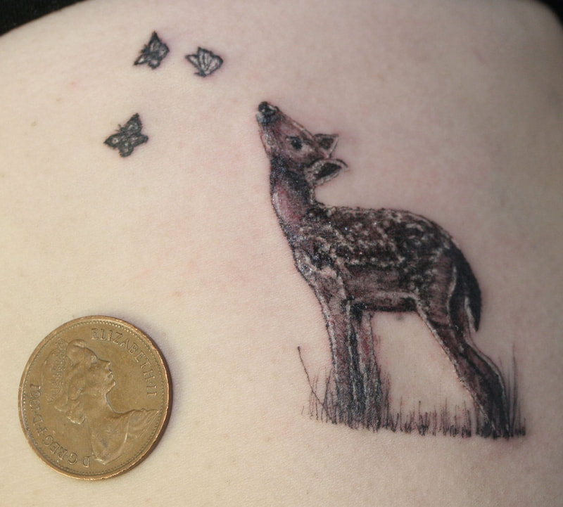 Miniature finely detailed deer / fawn tattoo by Eve at Armoury Tattoo