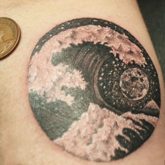 Miniature finely detailed moon tattoo by Eve at Armoury Tattoo