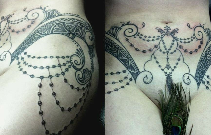 feminine tattoo, tattoo pattern jewellery, design for women tattoo, pelvis hips tattoo, draping jewel beads lace tattoo, black and grey realism