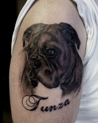 dog portrait realism script tattoo, pet tribute tattoo bulldog animal art