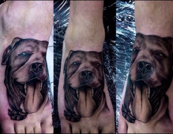 dog realism tattoo, realistic pet dog animal tattoo, open mouth dog tongue portrait art foot tattoo, black and grey