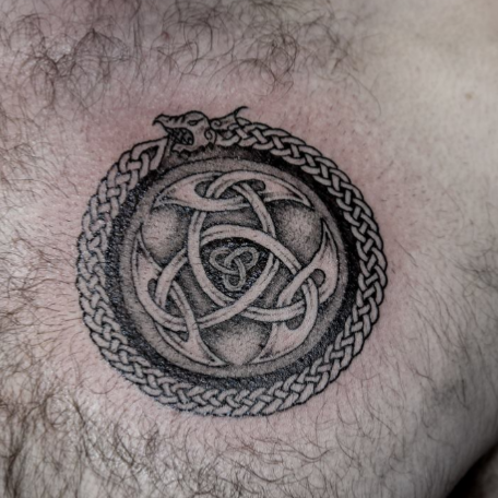 celtic design knot work traditional snake, trifocal symbol animal eternal tattoo, black and grey chain tribal Scotland viking