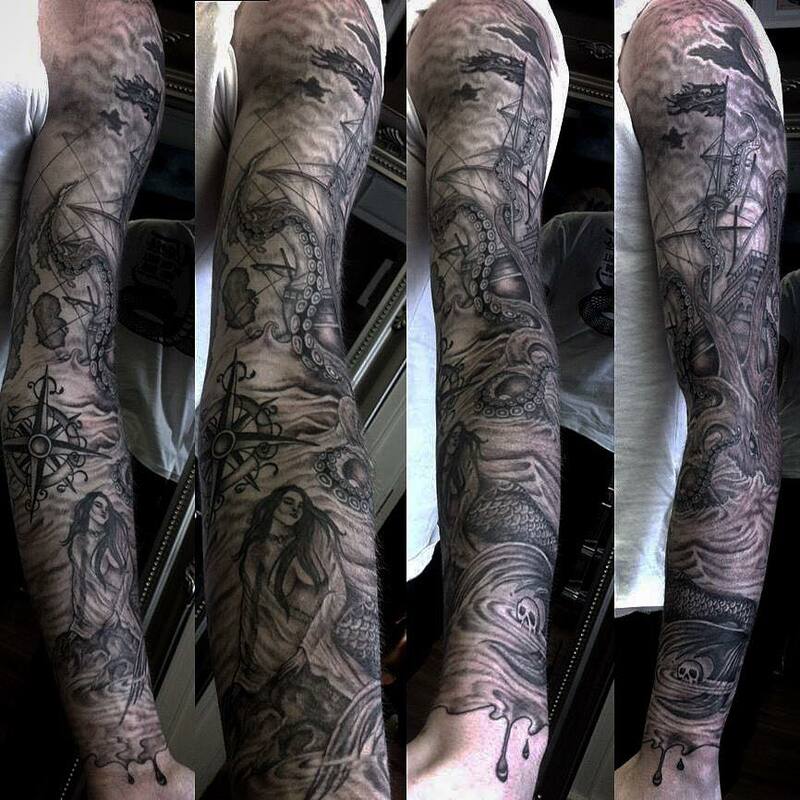 large masculine tattoo full sleeve done by award winning tattoo artist, black and grey cover up tattoo in nautical style, sailor tattoo with intricate composition including ships, sea, mermaid, siren, octopus kraken tattoo